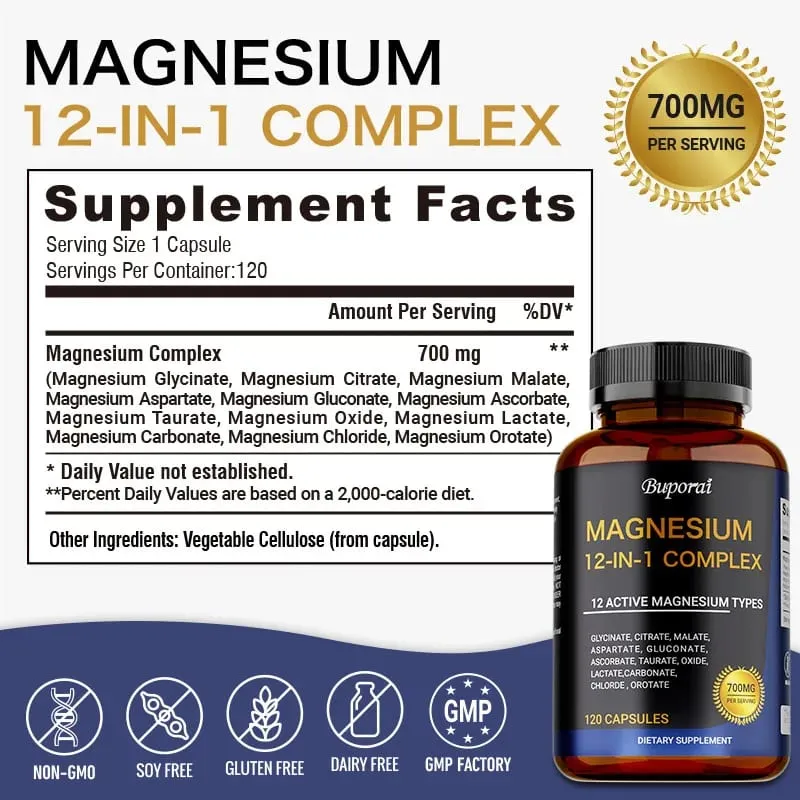 Magnesium Complex Capsules - Support Muscle Bone Heart Health Improve Sleep Stress & Anxiety Relief - Dietary Supplement