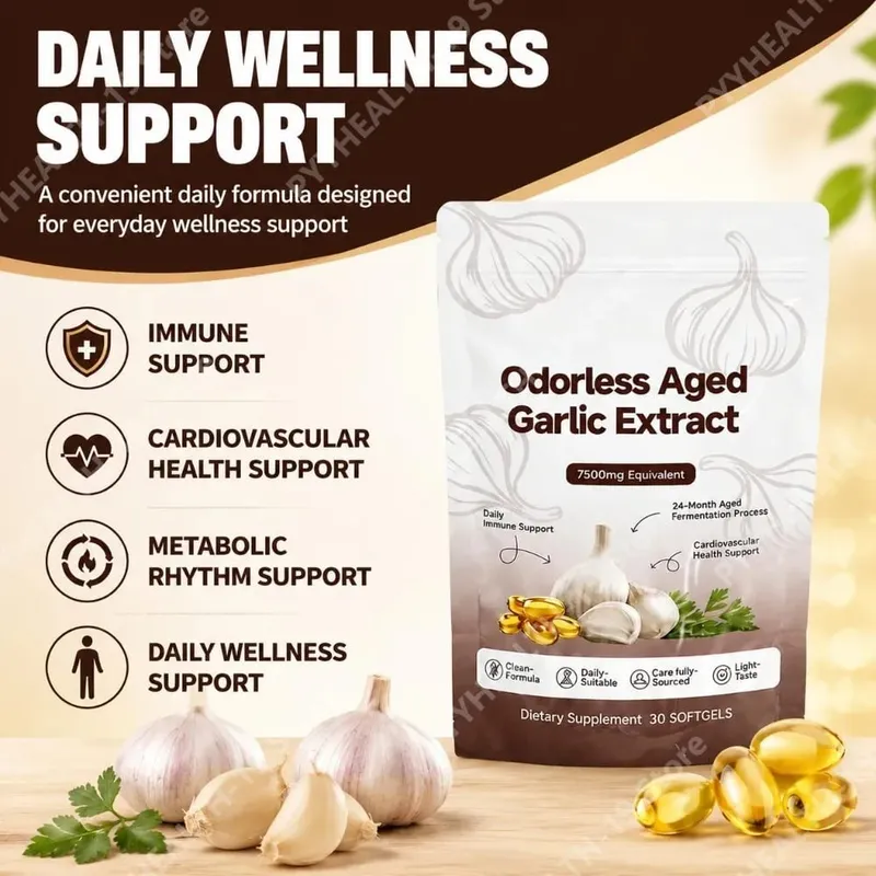 Άοσμο παλαιωμένο εκχύλισμα σκόρδου Softgels 7500mg ισοδύναμης 24-μηνης ζύμωσης για ανοσοκαρδιομεταβολική υποστήριξη Ενήλικες 30 Αριθμός