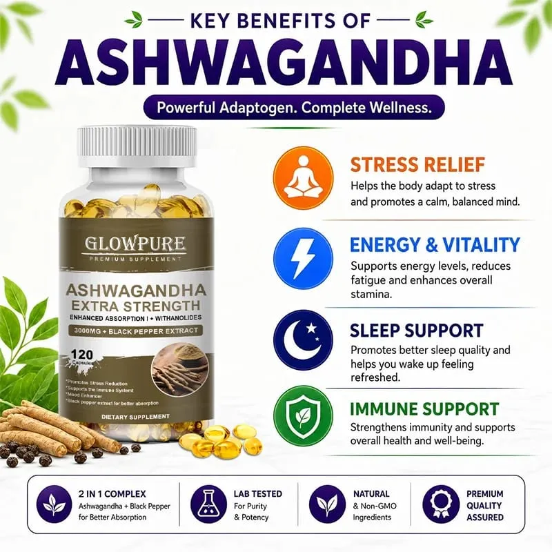 Ashwagandha Root Extract Capsules for Stress Mood Sleep Energy and Focus Premium Formula Supplement