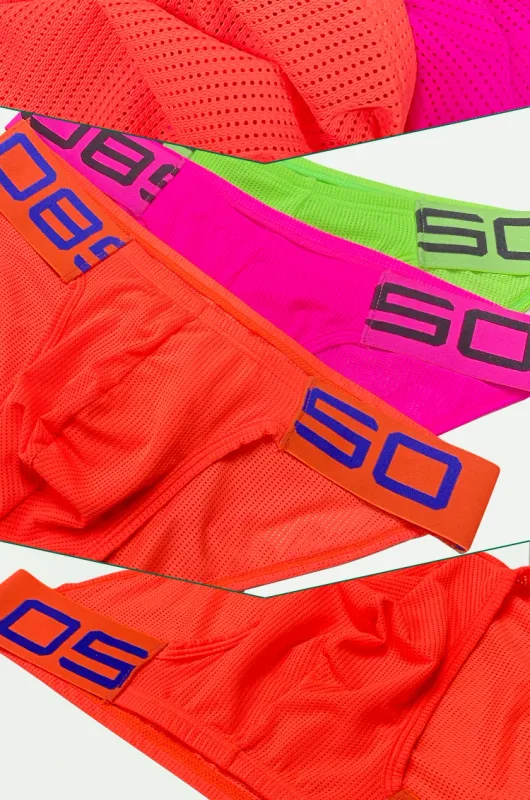 Men's Nylon Blend Mesh Breathable Briefs Horn Splice Letter Embossed Wide Elastic Waistband Fluorescent Color Sexy Underwear