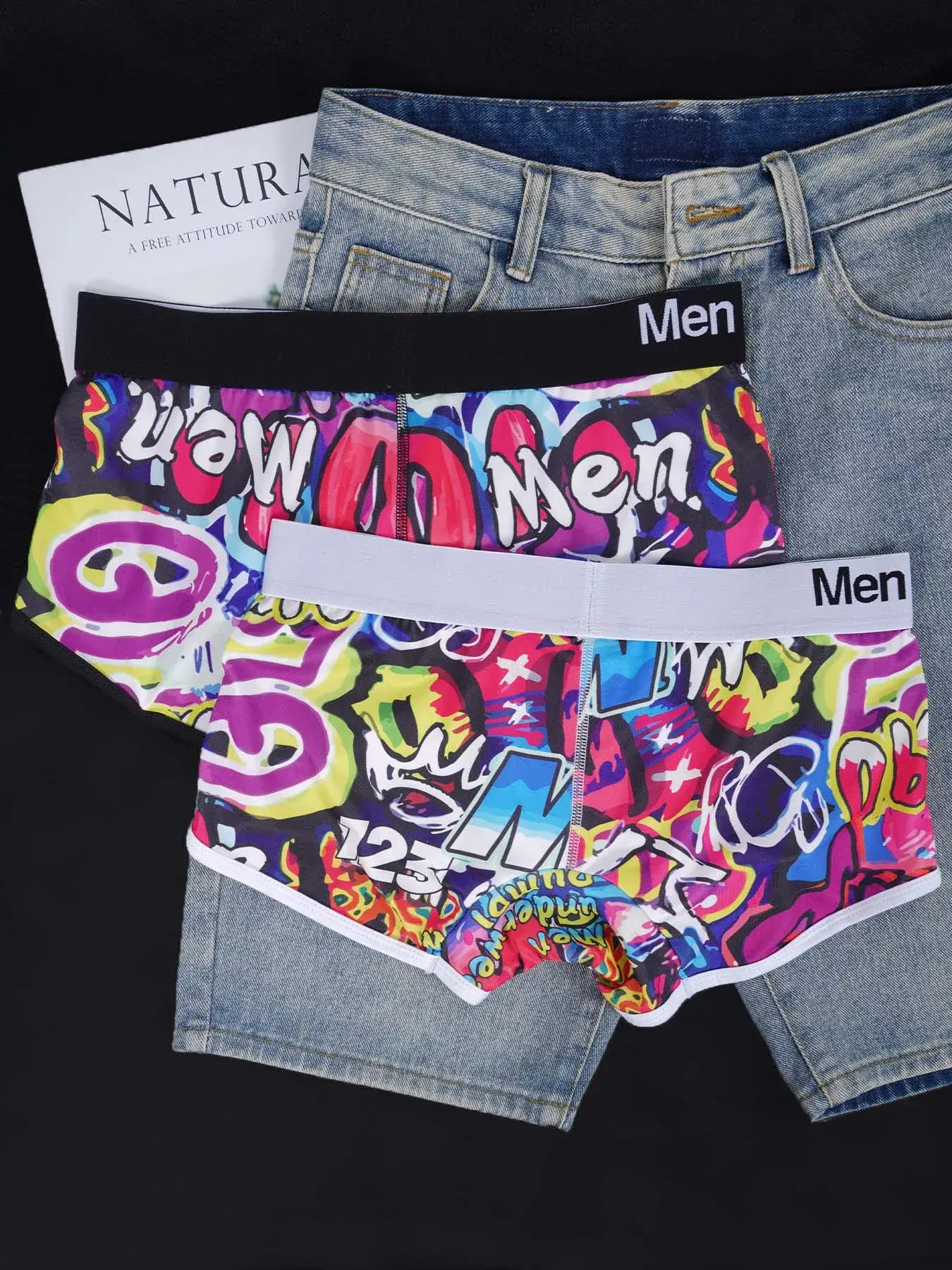 1PCS Men's Cotton Nylon Blend Boxer Briefs All-Over Graffiti Print Wide Elastic Waistband Non-Tight Fashion Sport Underwear