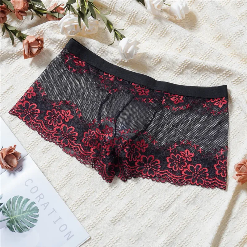 Men Lace Jacquard Mesh Boxer Shorts Underwear Hollow Temptation Exotic Trunks Silk Soft Quick Dry Breathable Sexy Panties