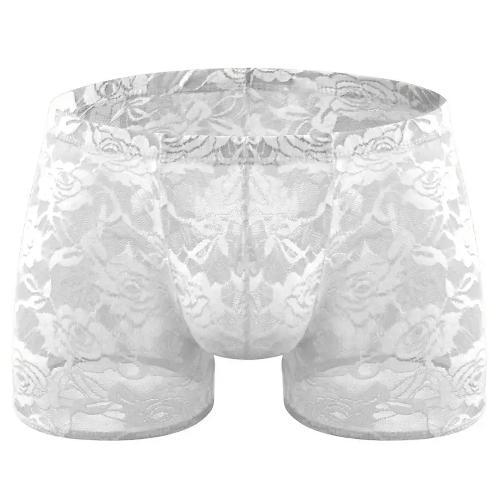 Men See Through Lace Boxer Shorts Bulge Pouch Low Waist Underwear Solid Panties Elastic Waist Breathable Transparent Underwear