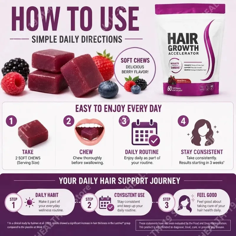 Malalambot na Pagnguya ng Paglago ng Buhok – Supplement ng Vitamin C at E para sa Mas Makapal na Buhok at Mas Malusog na Mukha – Lasang Berry – 60 Malambot na Nguya