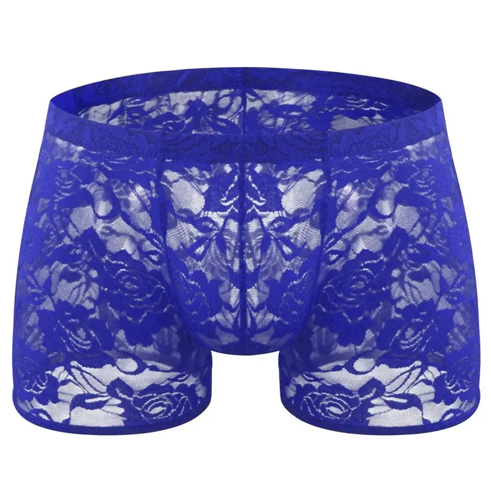 Men See Through Lace Boxer Shorts Bulge Pouch Low Waist Underwear Solid Panties Elastic Waist Breathable Transparent Underwear