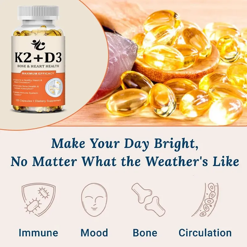 Vitamin D3 + K2 Capsules Support Calcium Absorption Bone & Joint Wellness Cardiovascular Function and Immune System Health