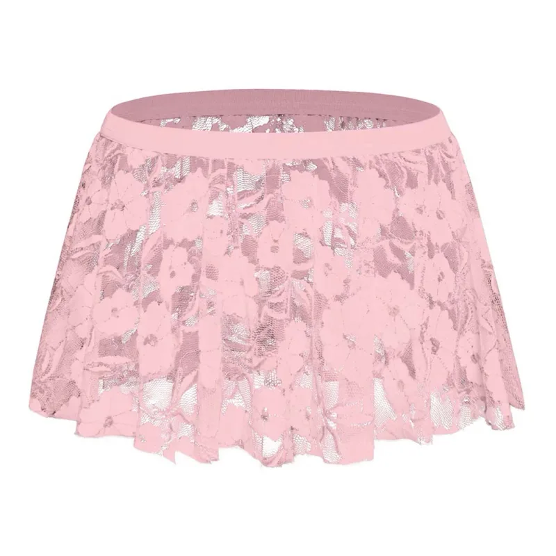 Men Solid Lace Skirt Mesh See Through For Lingerie Low For Rise Pleated Skirts Floral Pattern See‑through Male Daily Bottom