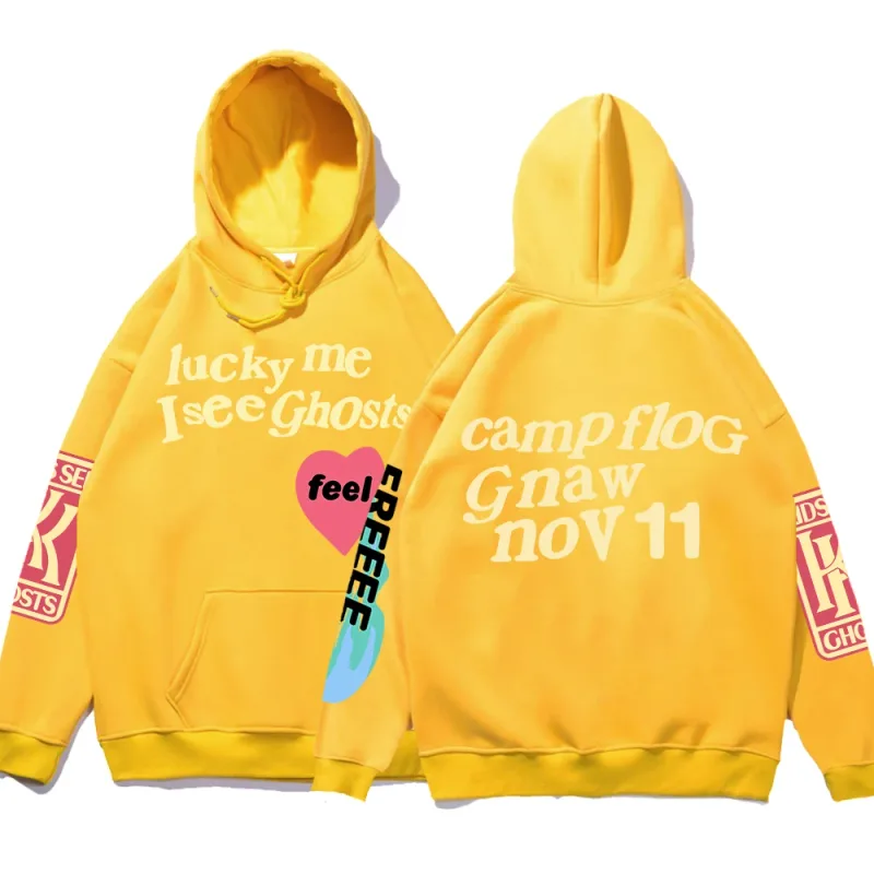 Graffiti-Buchstabe gedruckt lose Kapuze Kanye Sweatshirts Männer übergroße Fleece Luck Me I See Ghosts Hoodie Unisex Pullover Hoody