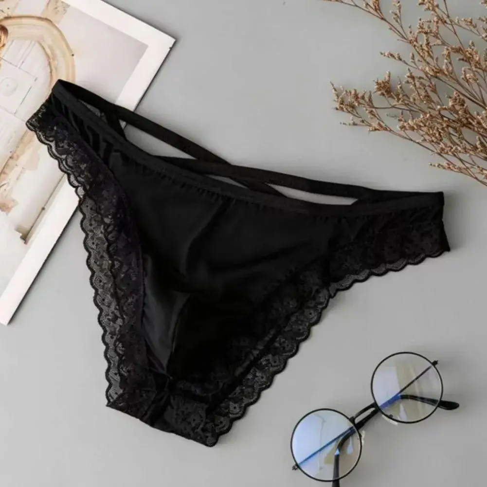 Men Side Strap Lace Briefs Silky Smooth Scalloped Floral Lace Low Waist Stretch Thin Underwear Sissy Panties