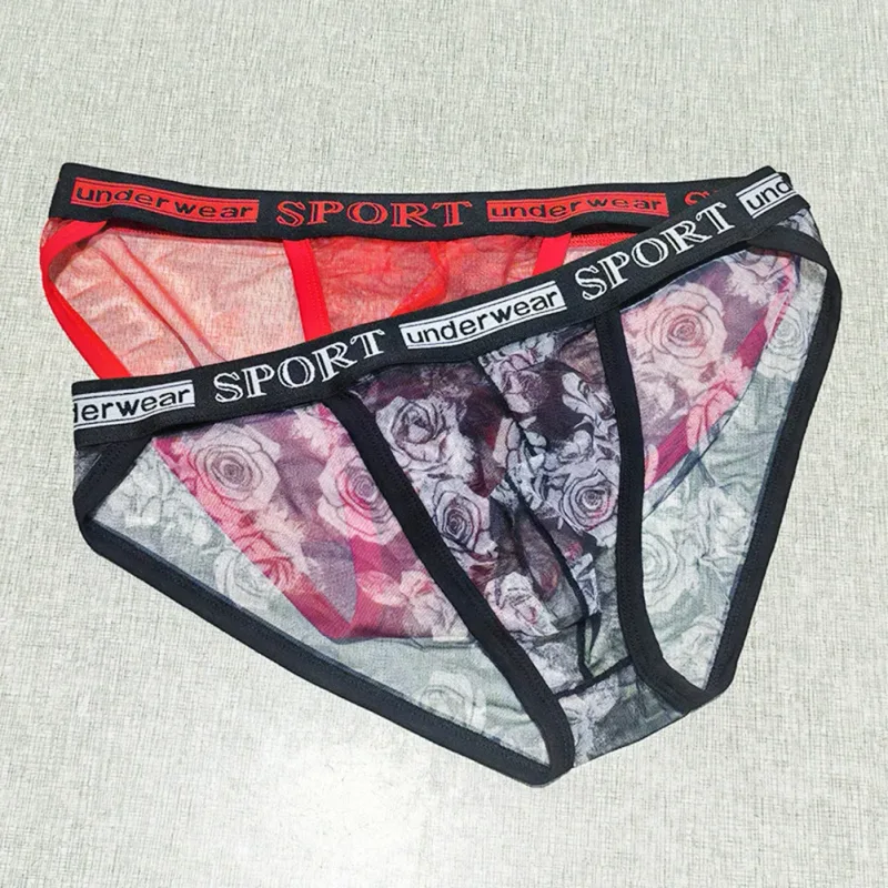 1pc Men Rose Printed Briefs High Fork Perspective Underwear Sexy Mesh Sheer Panties Breathable Comfortable Underpants