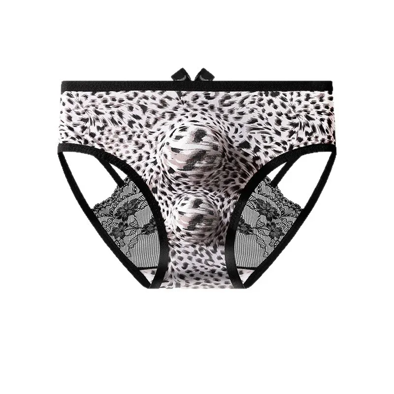 Men's Sexy Underwear Hollow Lace Back Sheer Panties Ice Silk Leopard Printed 3D Bullet Separation Pouch Sissy Underwear