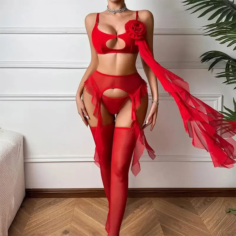 Κόκκινο See Through Mesh Σετ Σουτιέν με Κόκκινο Τριαντάφυλλο Διακόσμηση Ruffle Edge Shapewear για Γυναικείες Σέξι εσώρουχα χωρισμένα σετ Σέξι γυναικεία εσώρουχα