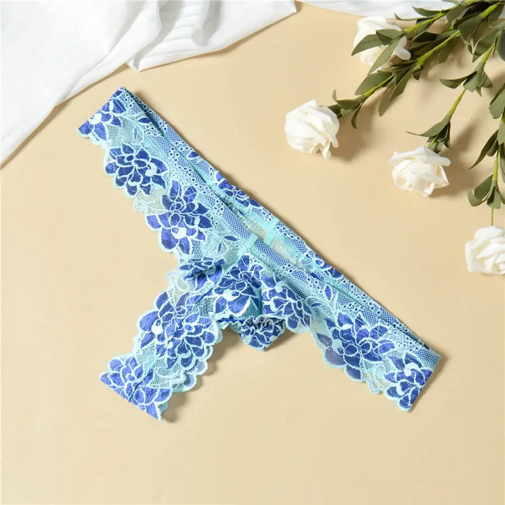 Men Floral Lace Thong Low Rise Elastic Waist G‑String Breathable See‑Through Floral Print Male Underwear Sexy Lingerie Panties