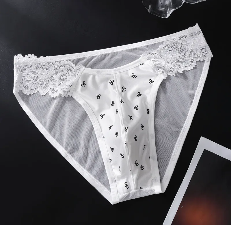 Men's Satin French Lace Briefs Exotic Male Mesh Transparent Lingerie 3D U Convex Panties Breathable Ice Silk Seemless Underwear