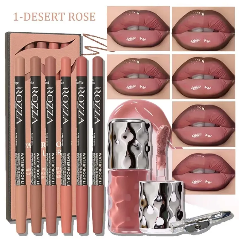 8pcs/set Daily Lip Beauty Set – 6 Blendable Lip Liners 1 Moisturizing Lip Gloss&1 Pencil Sharpener – Soft Long-Lasting Lip Kit