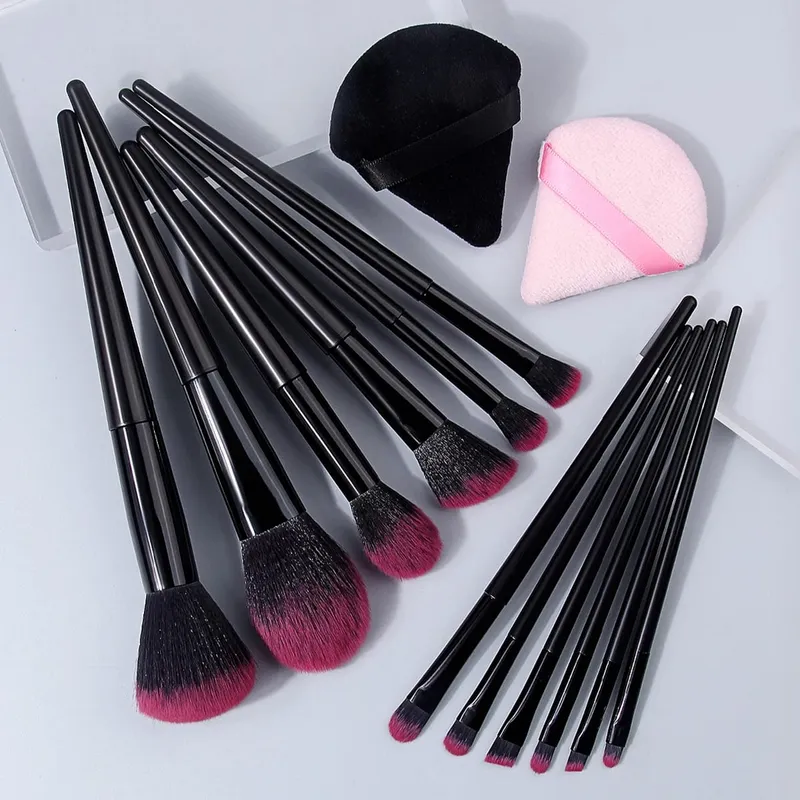 Hot Sale 14Pcs Kumpletong Makeup Brushes Kit Soft Skin-Friendly Fluffy Cosmetic Brushes na may Black at Pink Triangle Makeup Puffs