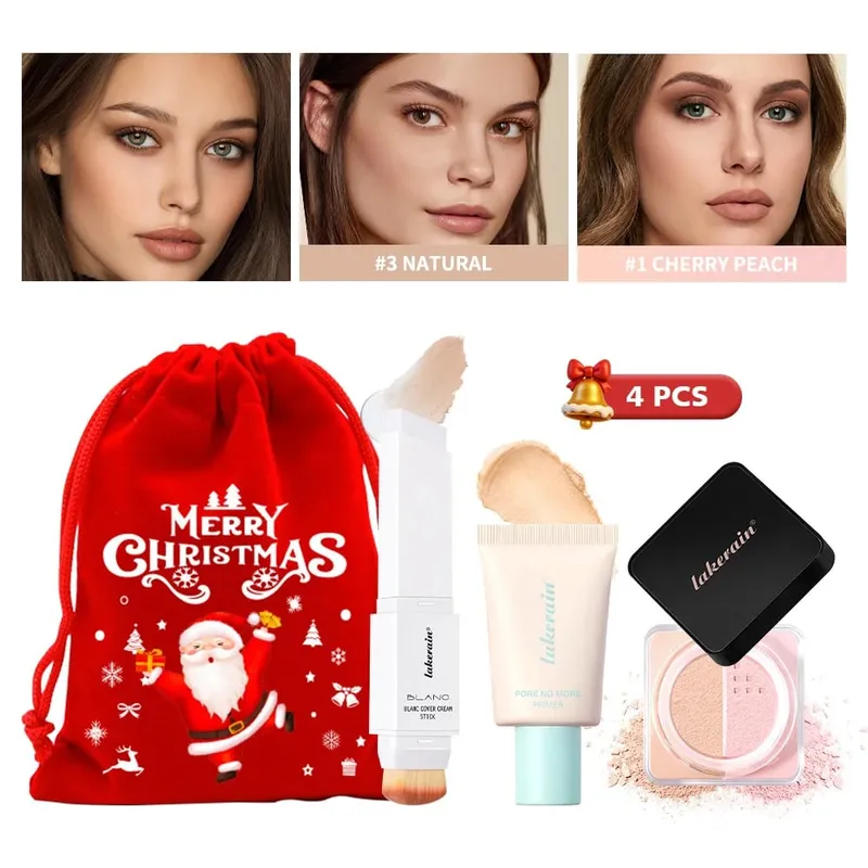 4 τμχ Σετ Μακιγιάζ Προσώπου Foundation Stick Pore No More Primer Loose Setting Powder Μεγάλης διάρκειας Ματ Μακιγιάζ για αρχάριους Χριστουγεννιάτικο δώρο