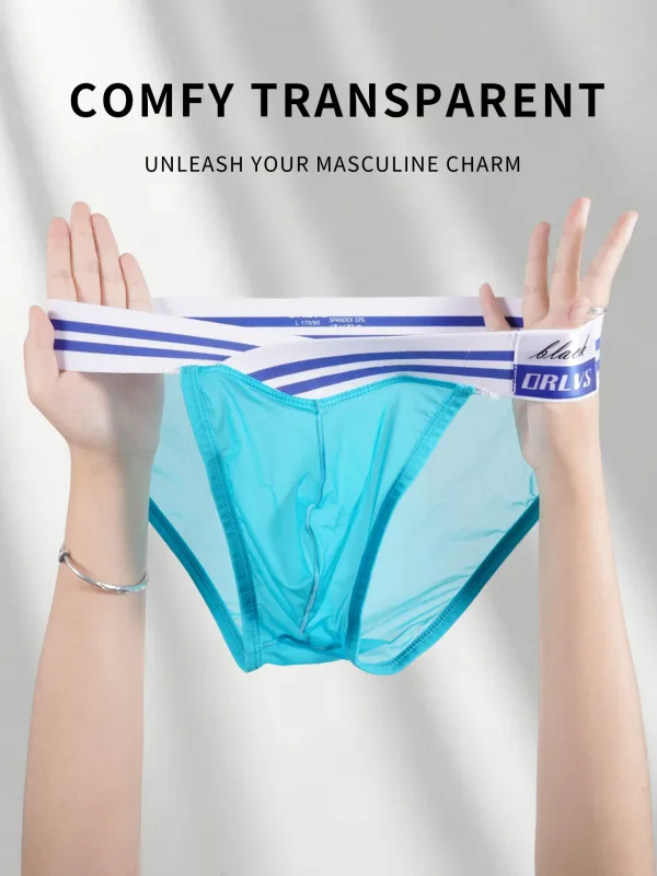 Men's Ice Silk Ultra-Thin Barely-There Mesh Sheer Briefs, Striped V-Shape Elastic Waistband Summer Daily Commute Underwear