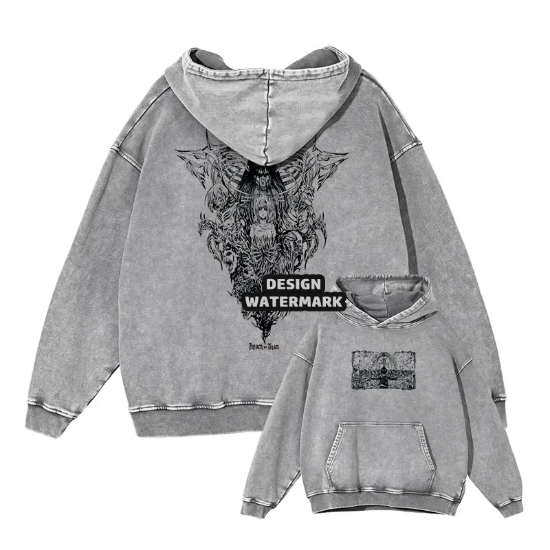 Anime Levi Hoodies Vintage Washed A-Attack on Titan Hoodie Casual Manga Yeager Eren Hooded Sweatshirts Titan Attack Pullover