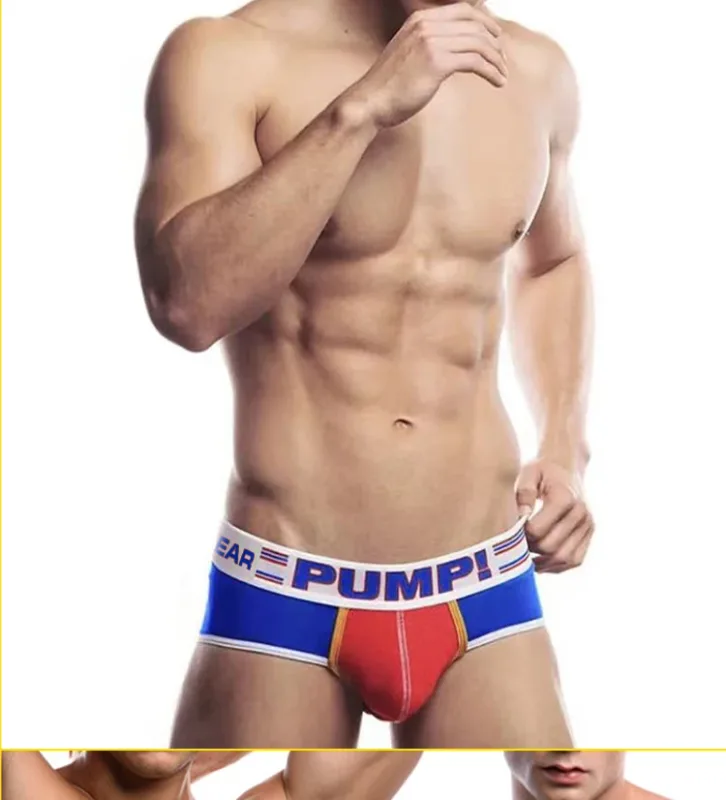 Men's Cotton Color Block Briefs, Pump! Logo Wide Waistband Low Rise Sexy 3D Convex Pouch Underwear