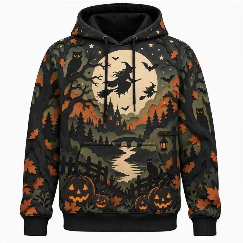 Hoodie Halloween 2026 Pulover Grafis Retro Petualangan Berhantu Pakaian Jalanan Malam Gotik Kerangka Hantu Labu Hutan Bulan Uniseks — image 8