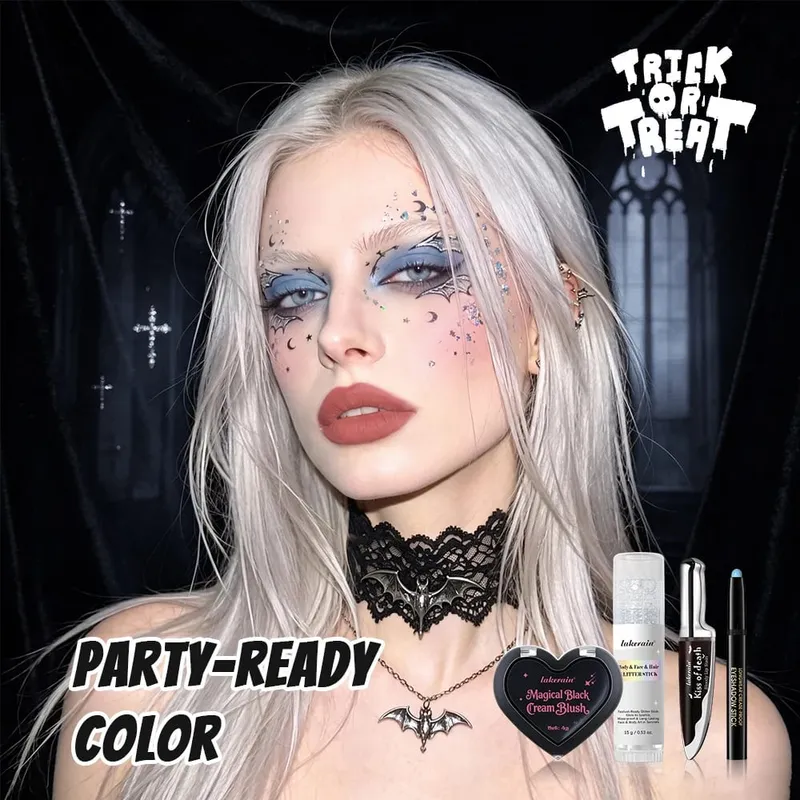 Halloween Gothic Σετ Μακιγιάζ 5 τμχ Lip Stain Dark Cream Blush Eyeshadow Stick Glitter Eyeliner με τσάντα Cosplay Party Face Body