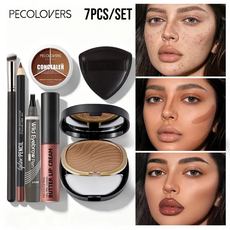 Σετ Μακιγιάζ Προσώπου 7 ΤΕΜ. Concealer μακράς διαρκείας Contour Powder Lip Cream Αδιάβροχο στυλό φρυδιών με πινέλο μακιγιάζ