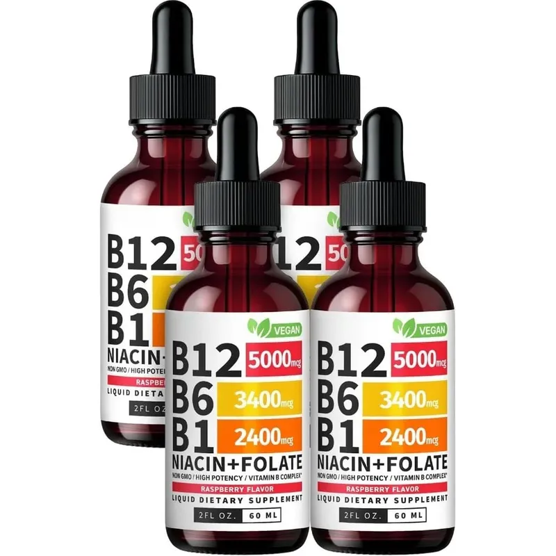 Vitamin B12 B6 Tetes Cair 60Ml B Kompleks dengan B1 Niacin Folat Raspberry Suplemen Kesehatan Harian Vegan 40 Porsi Dewasa