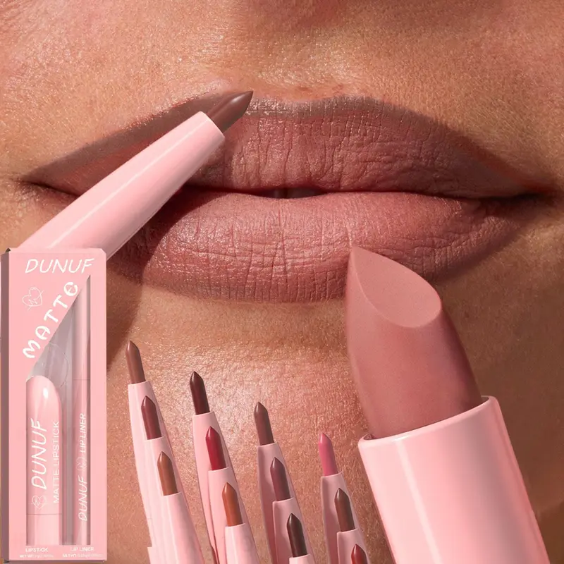 2 τεμάχια/Σετ Κιτ μακιγιάζ Lipstick+Liner Liner Matte Nude Αδιάβροχο μακράς διαρκείας, χωρίς λεκέδες, κωνική μύτη για τα χείλη Contour Pen Cosmetics