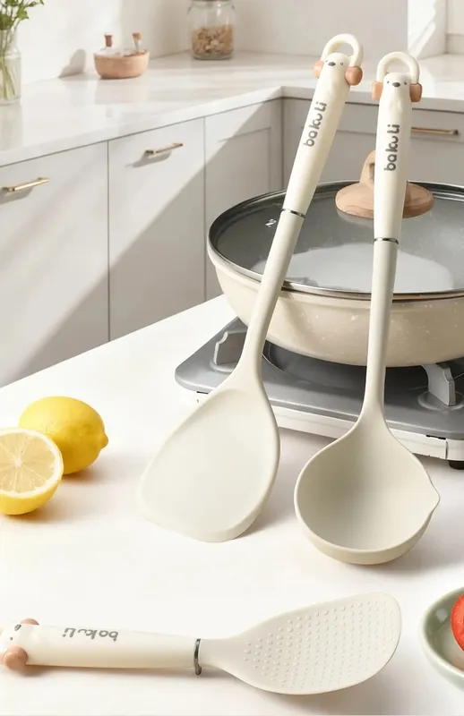 Új, továbbfejlesztett konyhai edény 3 részes készlet - Szilikon spatula rizs és leveses kanál hőálló, tapadásmentes főzőeszközök