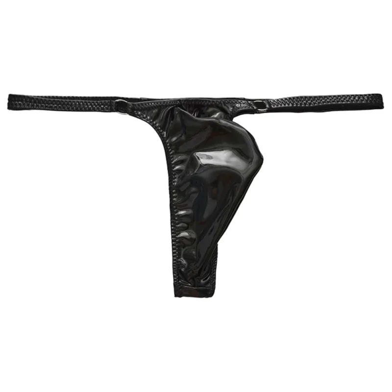 1pc masculino cintura de couro brilhante com anel de metal g-strings tangas gay bulge bolsa cintura baixa elástico roupa interior bunda-expondo sexy