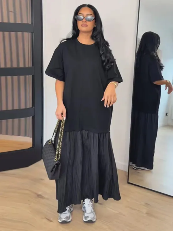 Κοντομάνικο συνονθύλευμα Oversized Μακρύ Φόρεμα Γυναικείο Κομψό με λαιμόκοψη Πλισέ Φαρδιά Φορέματα για πάρτι Καλοκαιρινά Casual Lady Vestidos