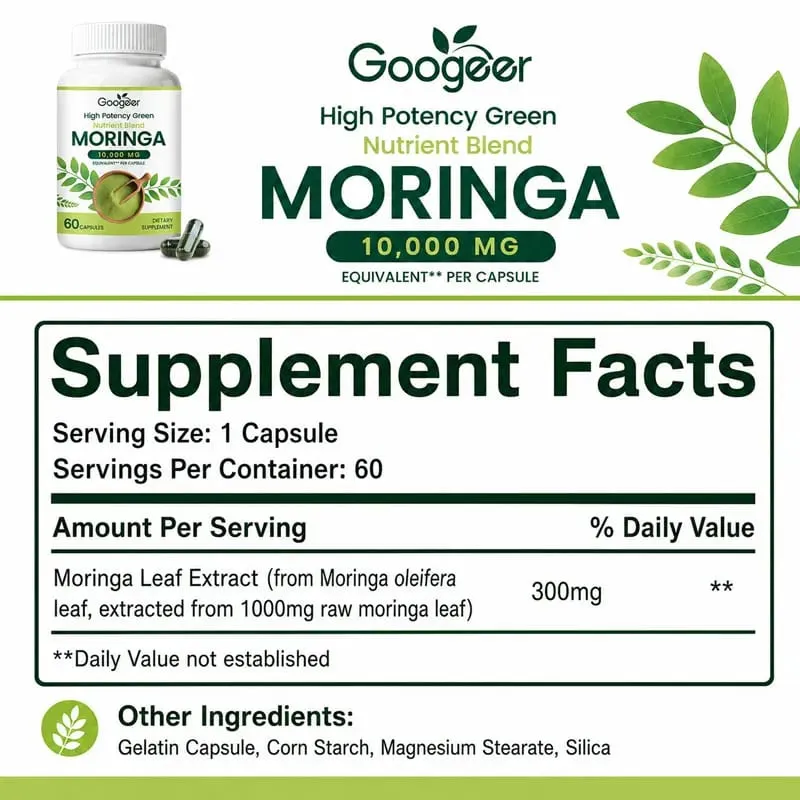 Premium Moringa Supplement with Natural Leaf Extract Herbal Nutrition Formula for Daily Wellness Support 60 Capsules