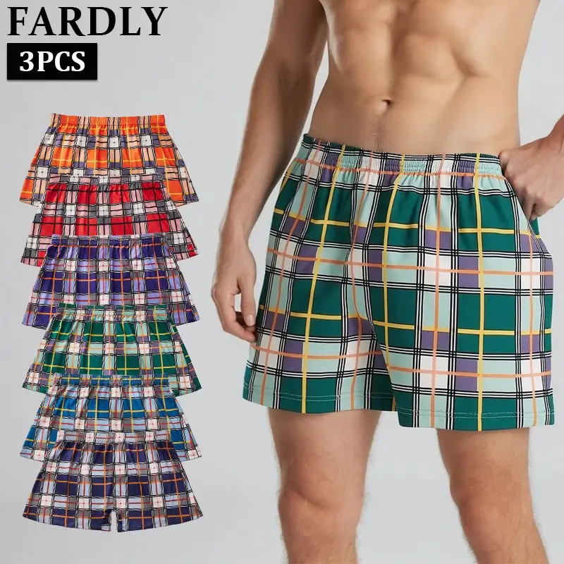 3PCS Grid Casual Men's Boxer Short Comfortable Breathable Home Sleep Pants Personalized Interesting New Male Underwear S-XXL