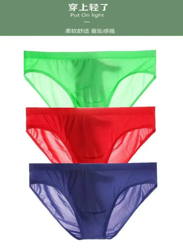 Mens Lightweight Silk See Through Bikini Briefs Solid Seamless Quick Dry Transparent Underwear Breathable Daily Intimates