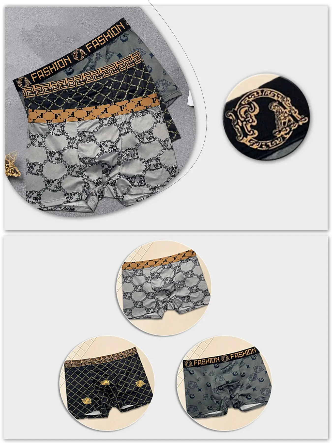 Men's 4PCS Luxury Printed Flat Corner Underwear Gold Belt Luxury Soft Breathable Comfortable Underwear Youth Boxing Pants