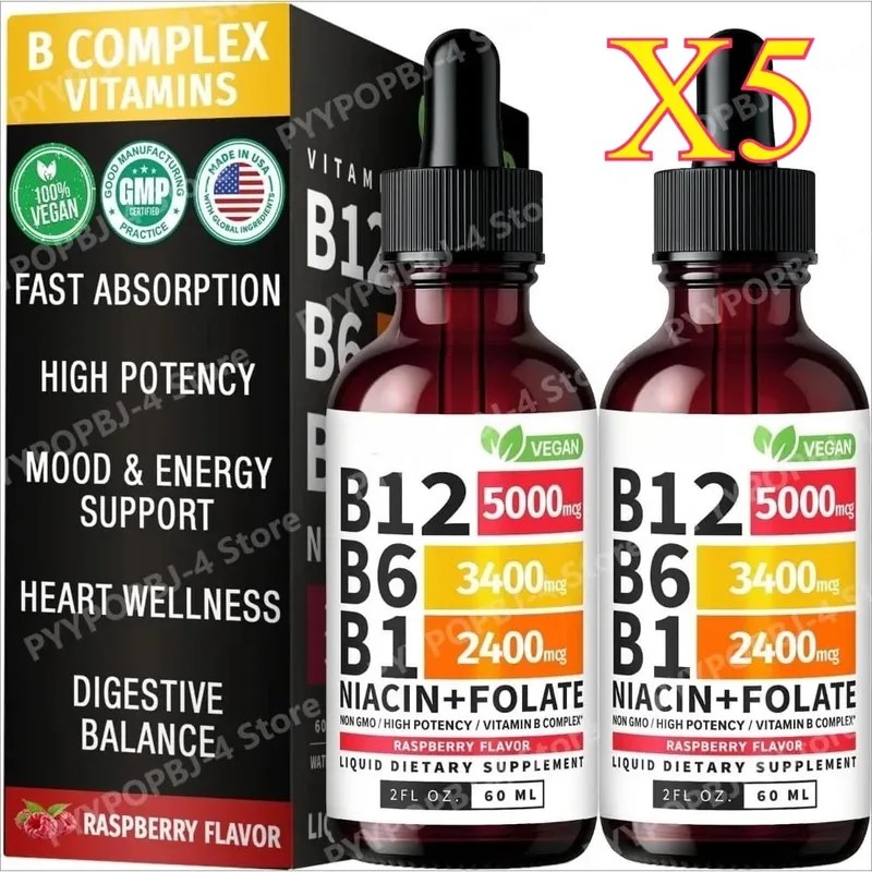 Vitamin B12 B6 Tetes Cair 60Ml B Kompleks dengan B1 Niacin Folat Raspberry Suplemen Kesehatan Harian Vegan 40 Porsi Dewasa
