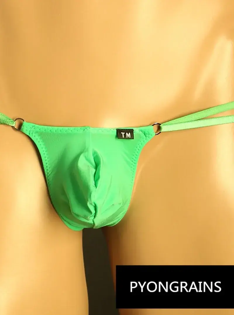 Men Adjustable Metal O-Ring Double Thin Strap Bikini Briefs Low Rise Silky Ice Silk 3D U Convex Pouch Sexy Male Underwear