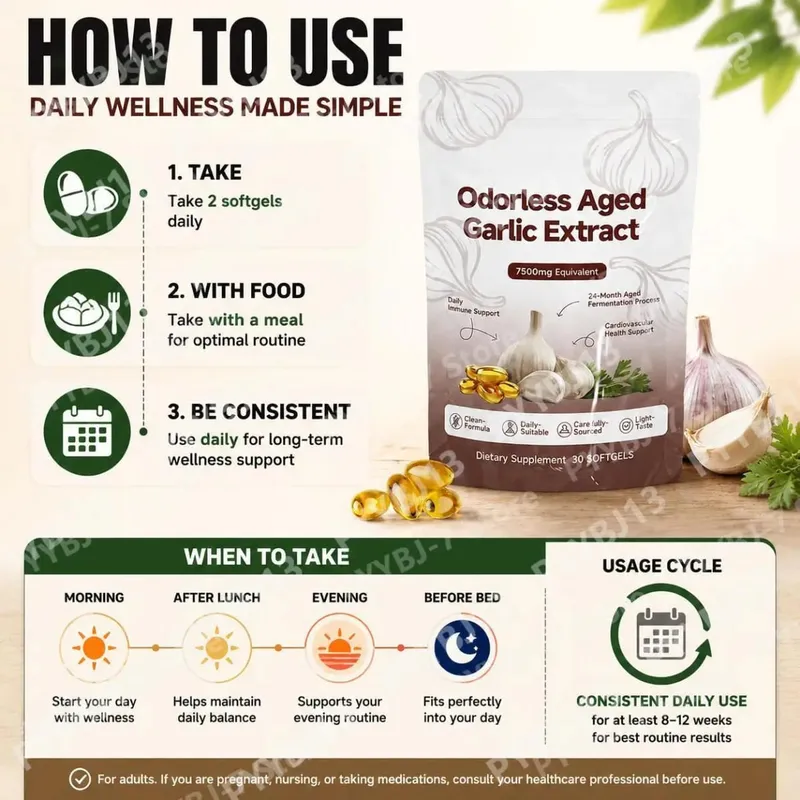 Walang amoy na may edad na Garlic Extract 7500mg Katumbas na Softgels 30 Bilang Pang-araw-araw na Garlic Supplement sa Puso at Pangkalahatang Wellness Support