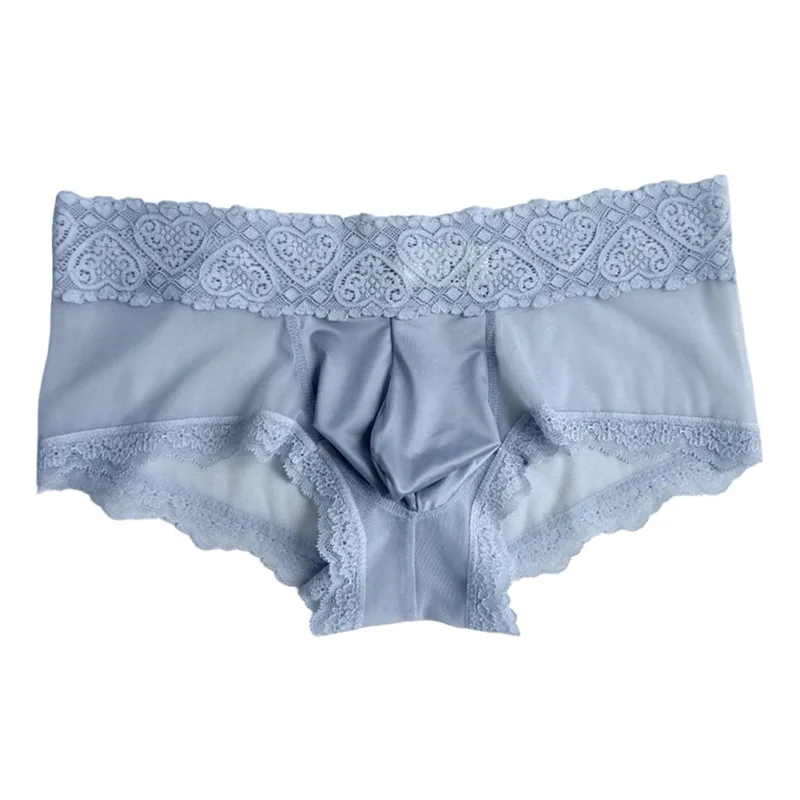 Men Ice Silk Lace Trim Thin Seamless Briefs Glossy 3D Pouch Lightweight Underwear Panties Comfortable Daily Lingerie
