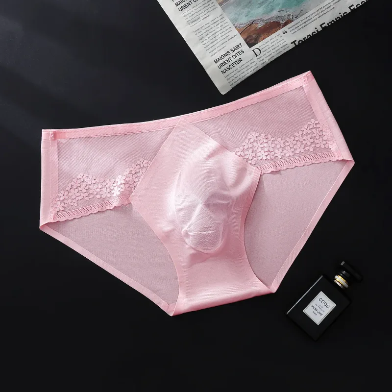 Large Size Men Sexy Panties Silky Satin Bugle Pouch Underwear Lace See Through Brief High Elastic Soft Underpant Bikini Lingerie