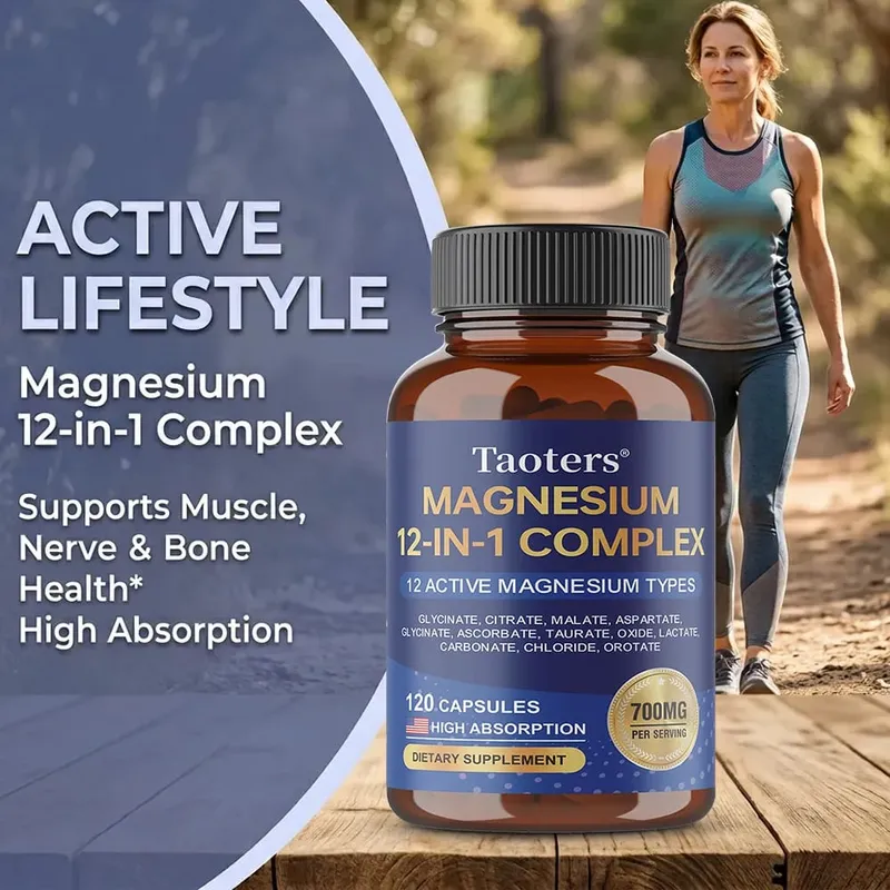 Magnesium 12-in-1 complex supplement – ​​700 mg hoge absorptieglycinaatcitraatmalaat en tauraatmengsel voor spierzenuwslaap