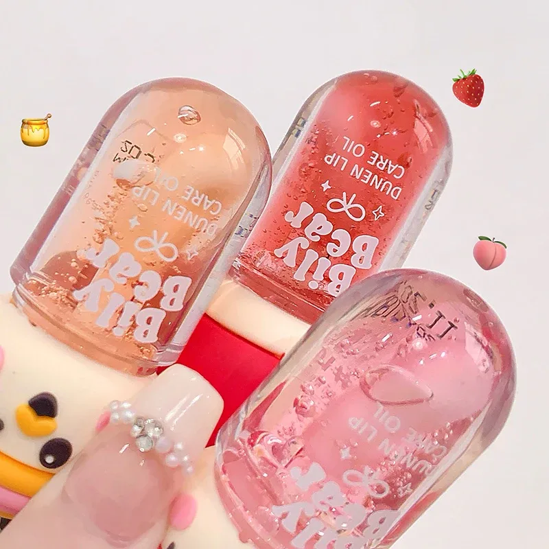 Minyak Bibir Jeli Madu Persik dengan Lip Gloss Stroberi Hidrasi Mengkilap Kosmetik Lipgloss Cermin Tahan Air Tidak Pudar Tahan Lama
