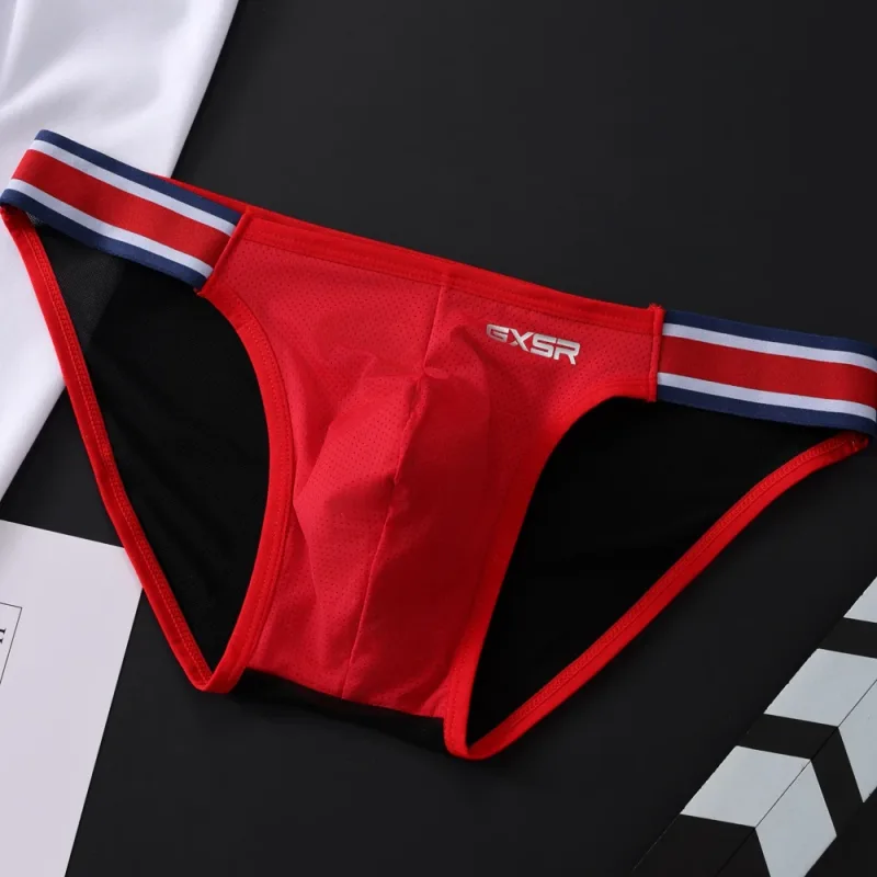 New GXSR splicing side waist high fork men's briefs threaded ice silk fashionable low waist sports hip lift men's underpants