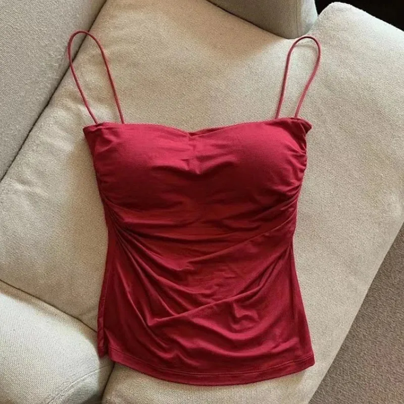 Szexi, tömör redőzött Tank Camisole női nyári spagettipántos ujjatlan felsők