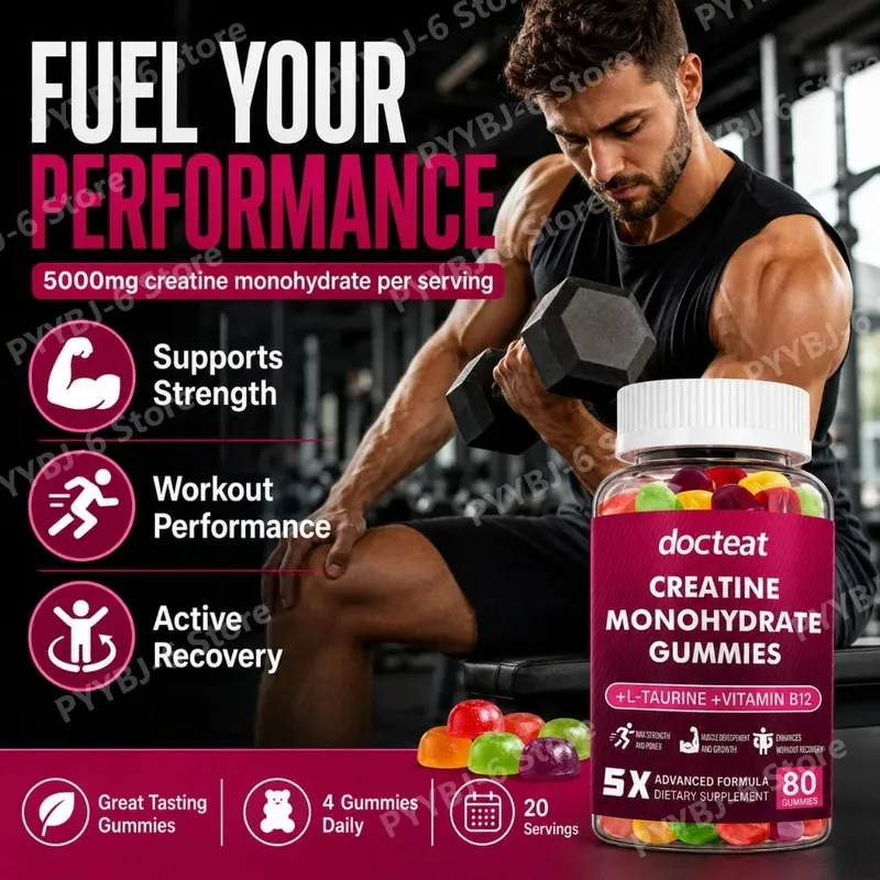 Creatine Monohydrate Gummies 80 Count with Taurine Vitamin B12 Chewable Sports Nutrition Συμπλήρωμα για μυϊκή και ενεργειακή υποστήριξη