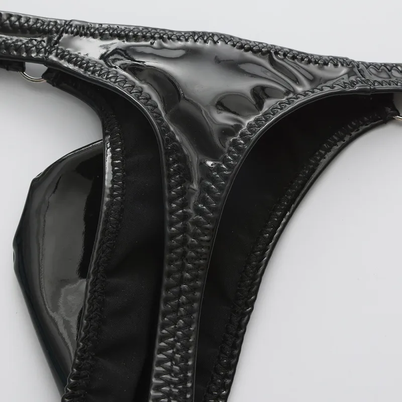 1pc masculino cintura de couro brilhante com anel de metal g-strings tangas gay bulge bolsa cintura baixa elástico roupa interior bunda-expondo sexy