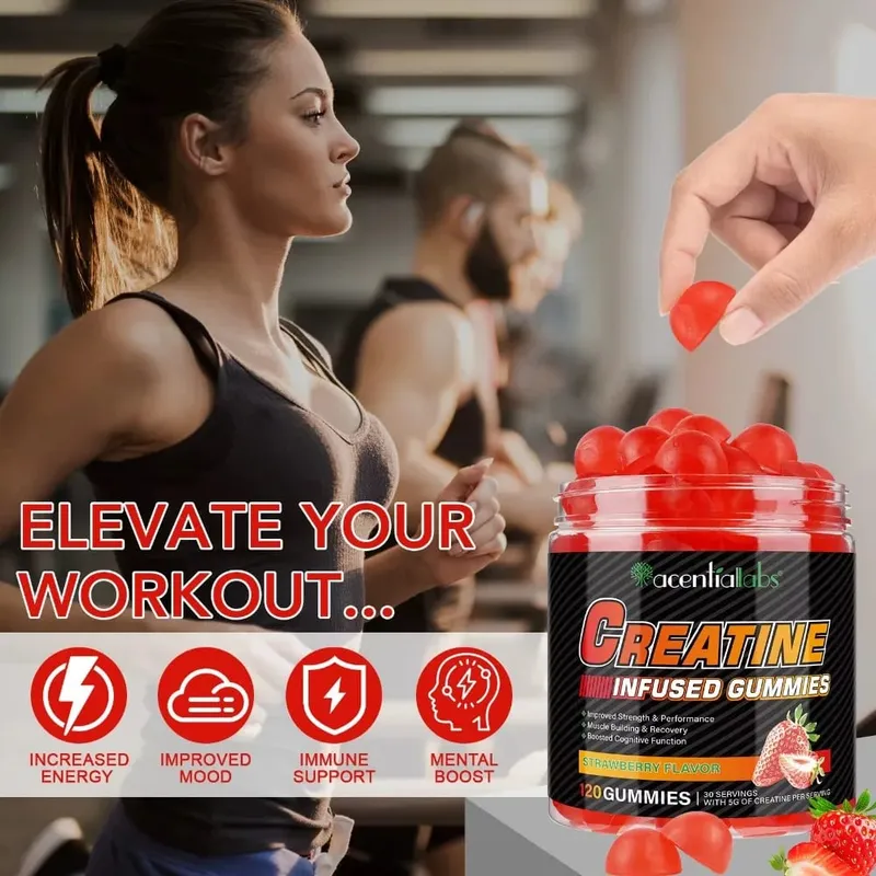 Creatine Monohydrate Gummies 5000mg για Ανάκτηση Μυϊκής Δύναμης & Ενέργεια πριν από την προπόνηση Vegan Strawberry 120 Ct χωρίς ζάχαρη