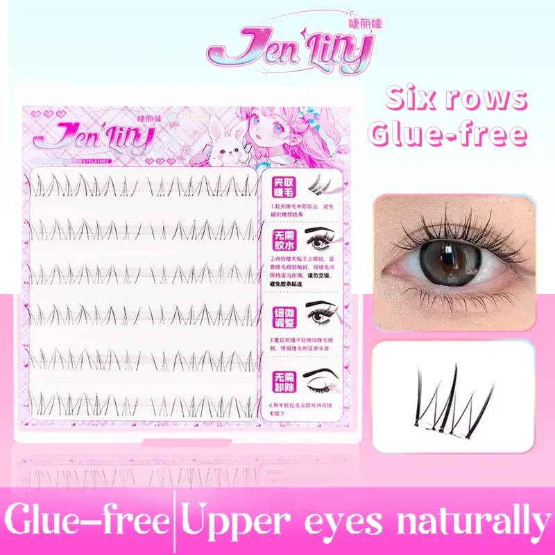 Χωρίς κόλλα Cat Eye Κάτω Βλεφαρίδες 6 σειρών Natural Wispy Look Επαναχρησιμοποιήσιμες Μαλακές ελαφριές Άνετες ευκολοφόρετα για αρχάριους