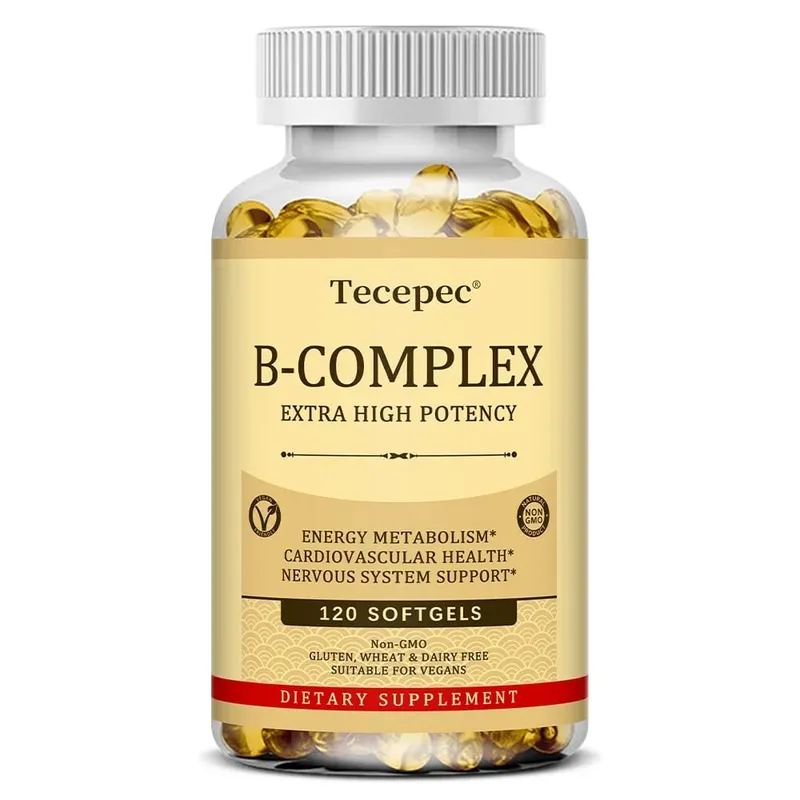 Tecepec B-Complex Vitamin Supplements (B12 B1 B2 B3 B5 B6 B9 Folic Acid & Biotin) Immune & Energy Support Softgels NON-GMO